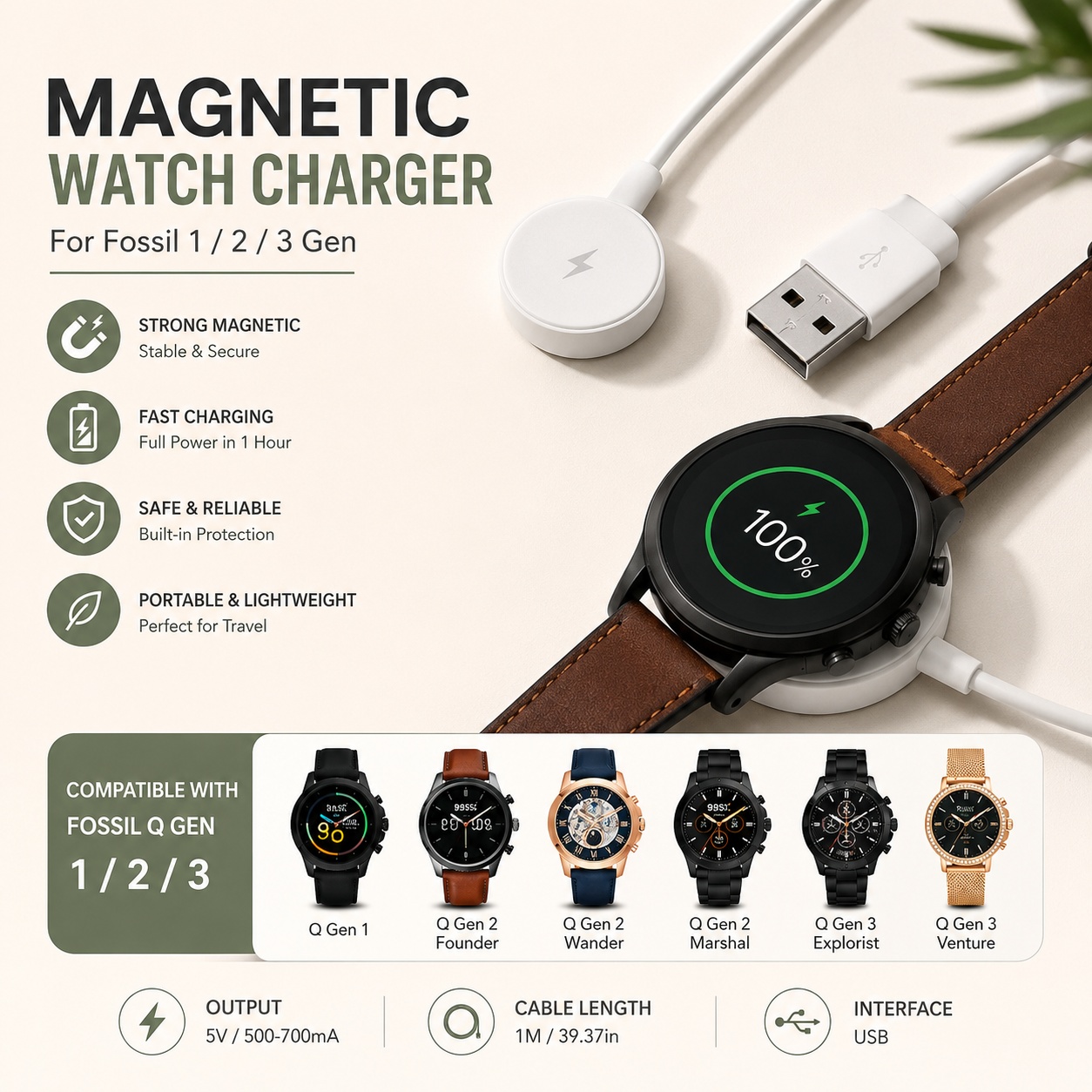 Fossil Watches Smartwatch Charger - Adaptor Pengisi Daya Jam Tangan USB,
